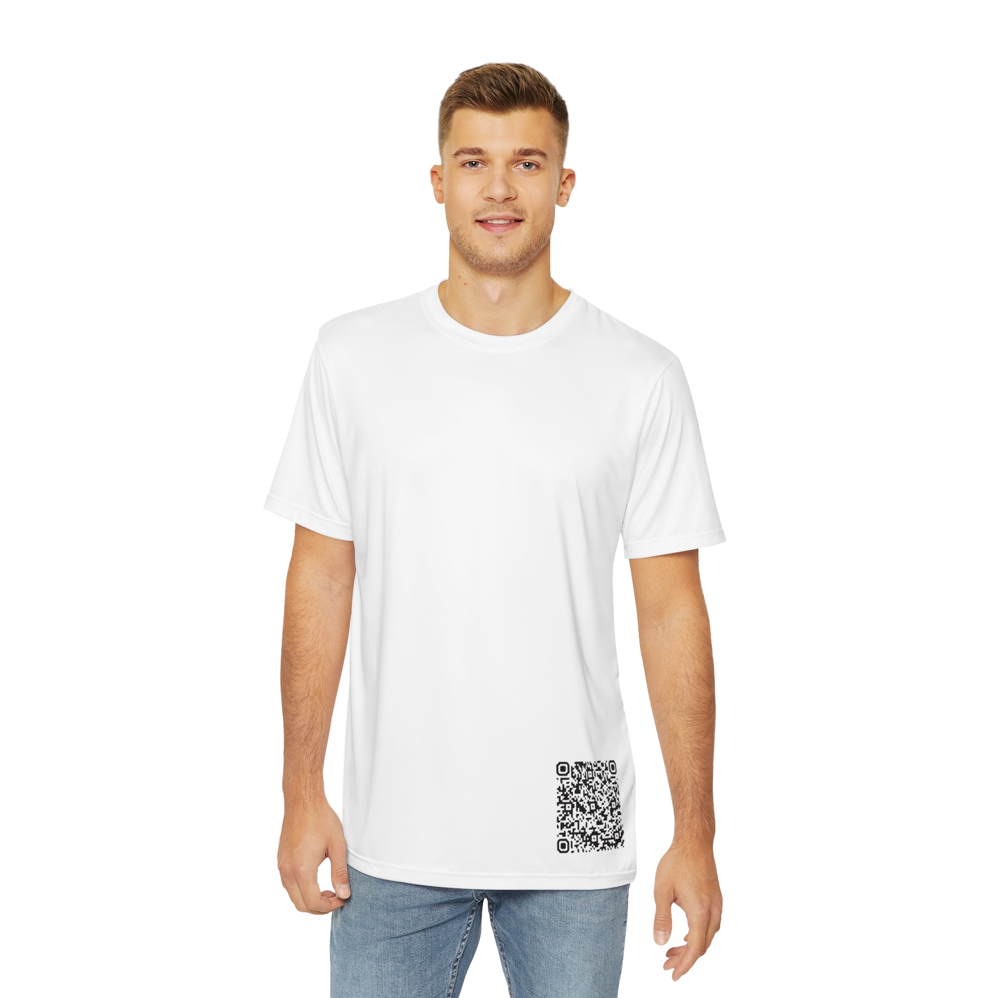 KOADZ Men's QR Code Polyester Tee, Trendy AOP T-Shirt, Unique Graphic Shirt for Casual Wear, Birthday Gift, Summer Style